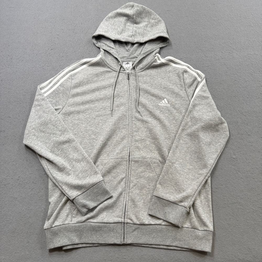 Adidas Essentials Hoodie Men's 2XL Gray Full Zip 3 Stripes French Terry Athletic